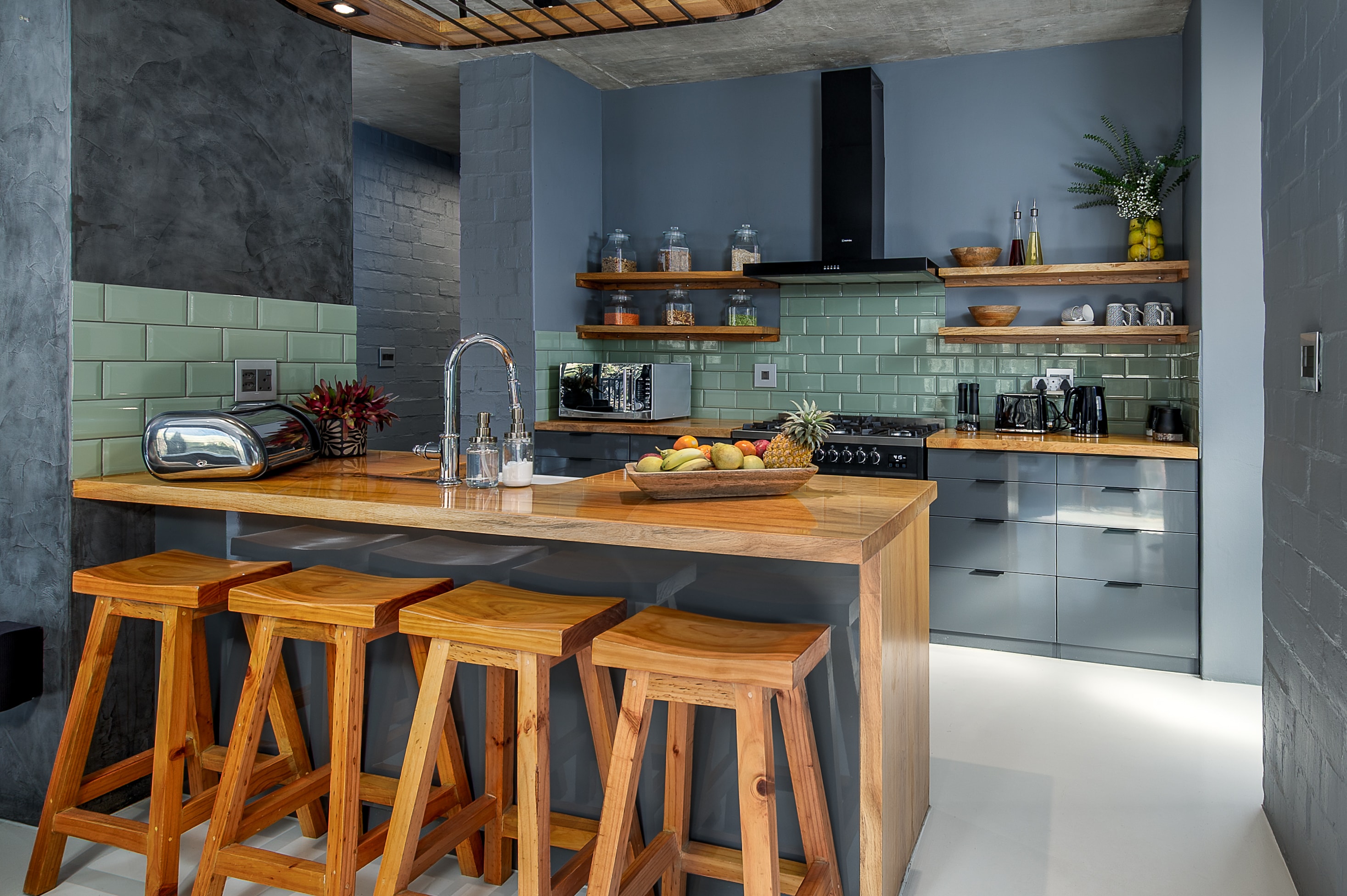 Kitchen island with timber stools